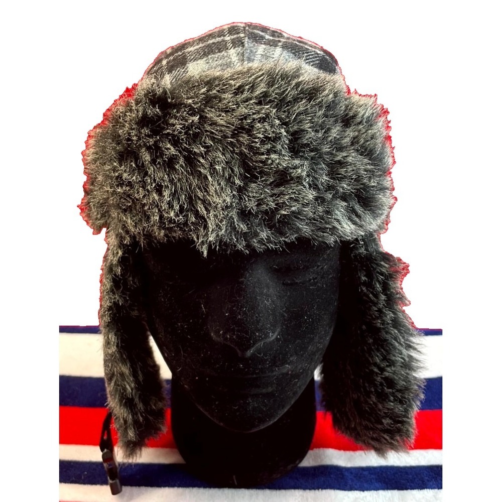 Turtle Fur Trapper Cap Unisex Kids Black Gray Plaid Faux Fur Trim Winter Hat